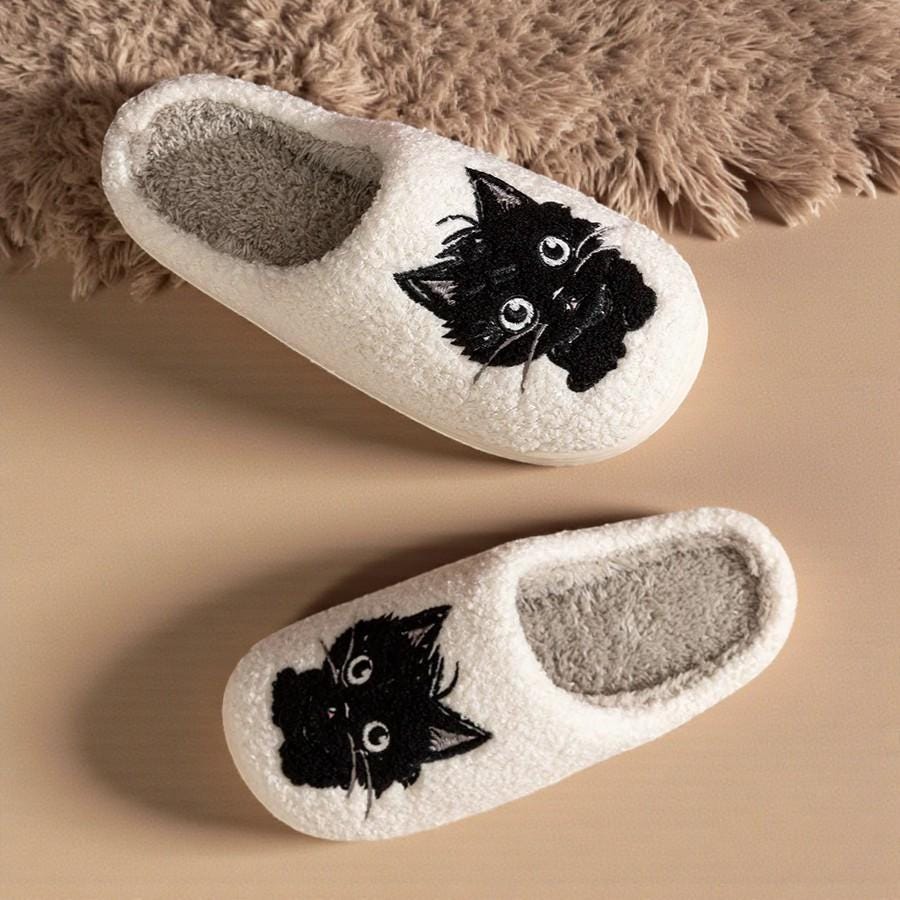 Women's Comfy Black Cat Plush Home Slippers - Warm & Cozy
